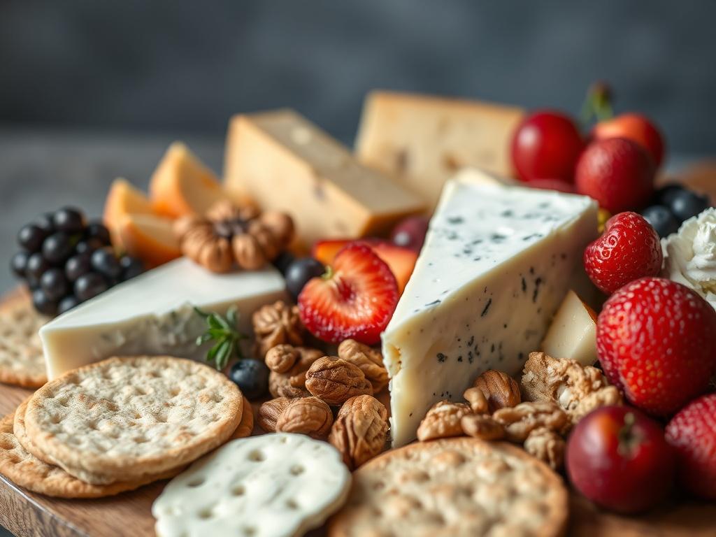 A close-up shot of a gourmet cheese platter featuring a variety of artisan cheeses, seasonal fruits, nuts, and artisanal crackers. The composition is simple and clear, showcasing the textures and colors of the cheeses and accompaniments. The background is softly blurred to emphasize the vibrant, fresh ingredients on the platter.