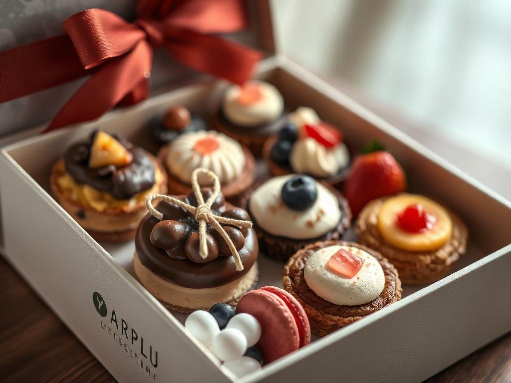 A close-up shot of an elegant Gourmet Dessert Selection box, featuring an assortment of beautifully presented desserts like chocolate tarts, macarons, and fruit pastries. The desserts are arranged artfully with vibrant colors and textures, set against a softly blurred background to enhance their appeal.