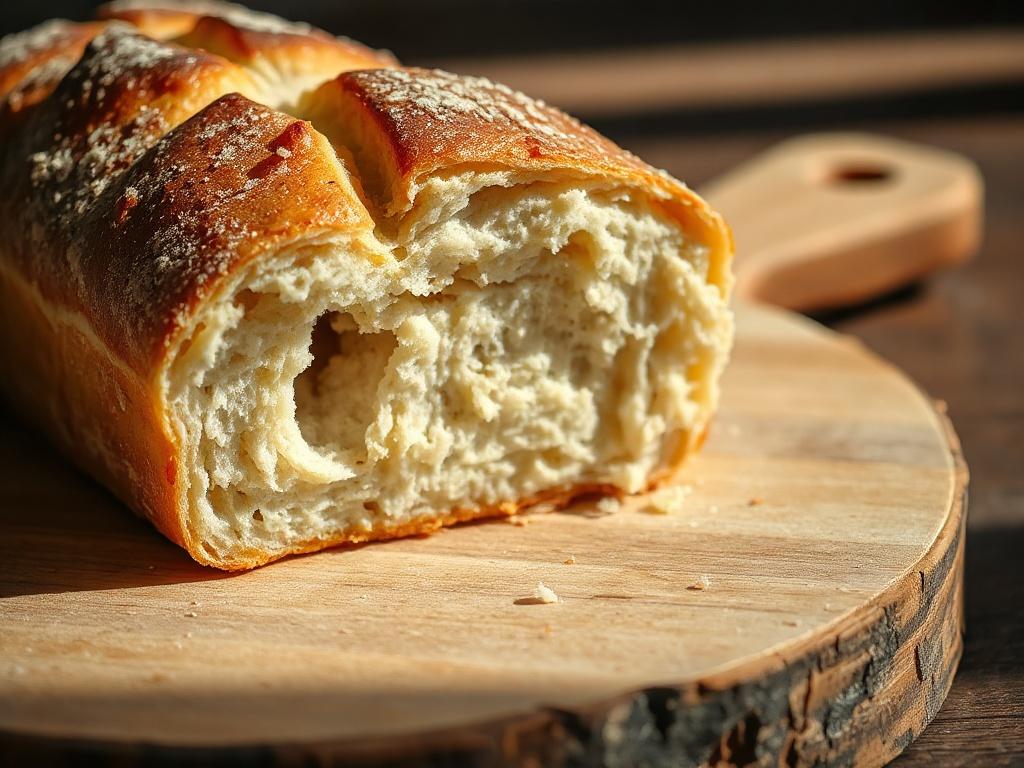 A close-up shot of a freshly baked Handmade Artisan Bread loaf, with a golden crust and soft interior visible. The bread is placed on a clean, rustic wooden board, with a few crumbs scattered around. Natural light casts soft shadows, enhancing the warm, inviting colors of the bread.