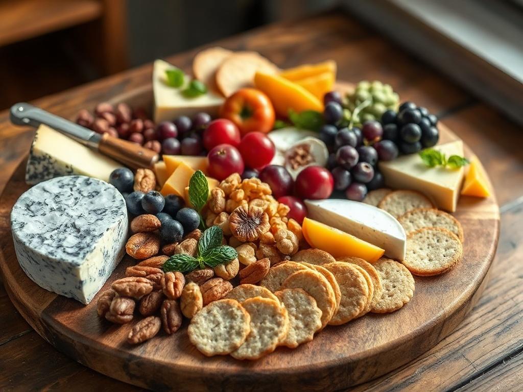 A close-up shot of a beautifully arranged Gourmet Cheese Platter featuring various artisanal cheeses, seasonal fruits, nuts, and gourmet crackers. The platter is set on a rustic wooden table with natural light highlighting the textures and colors of the cheese and accompaniments. The background is softly blurred to emphasize the vibrant and appetizing presentation of the platter.