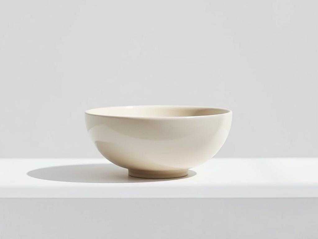 A minimalistic ceramic tea bowl displayed on a clean, white surface. The bowl features gentle curves and a soft, matte finish. The background is simple and uncluttered, emphasizing the bowl's elegant design. Soft natural light casts a gentle shadow, highlighting the bowl's shape. The image should evoke a sense of calm and tranquility, capturing the essence of mindful tea drinking.