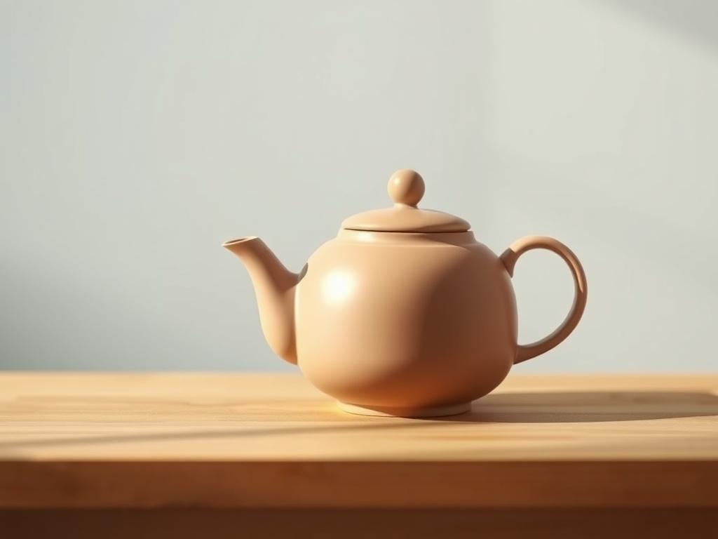 A beautifully crafted teapot placed on a simple wooden table. The teapot has a sleek design with a smooth finish and a natural color palette. The background is softly blurred to keep the focus on the teapot, creating an atmosphere of calmness. Gentle light highlights the contours of the teapot, enhancing its elegant features. The image should evoke a sense of serenity and mindfulness, perfect for a meditative tea experience.