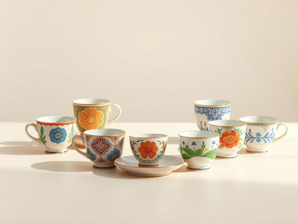 An artistic tea cup set arranged on a simple, light-colored table. Each cup features unique designs with vibrant colors and intricate patterns. The background is minimalistic, focusing attention on the beauty of the cups. Soft, diffused lighting enhances the colors and details, creating a cheerful and inviting atmosphere. The image should convey a sense of joy and appreciation for local artistry.