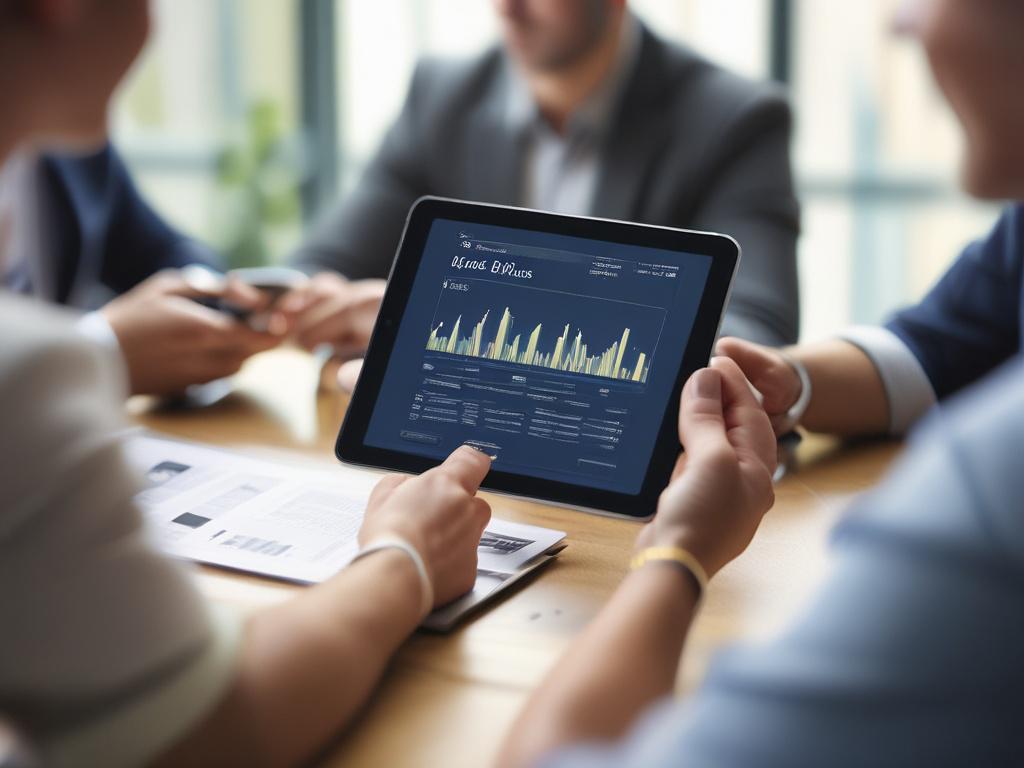 A close-up shot of a financial analyst presenting investment fund options on a digital tablet to a group of potential investors, captured with a 45mm f/1.2 lens. The setting is a sleek conference room with charts and graphs displayed on a screen, illustrating growth and opportunity. The image should reflect professionalism and informed decision-making in investment.