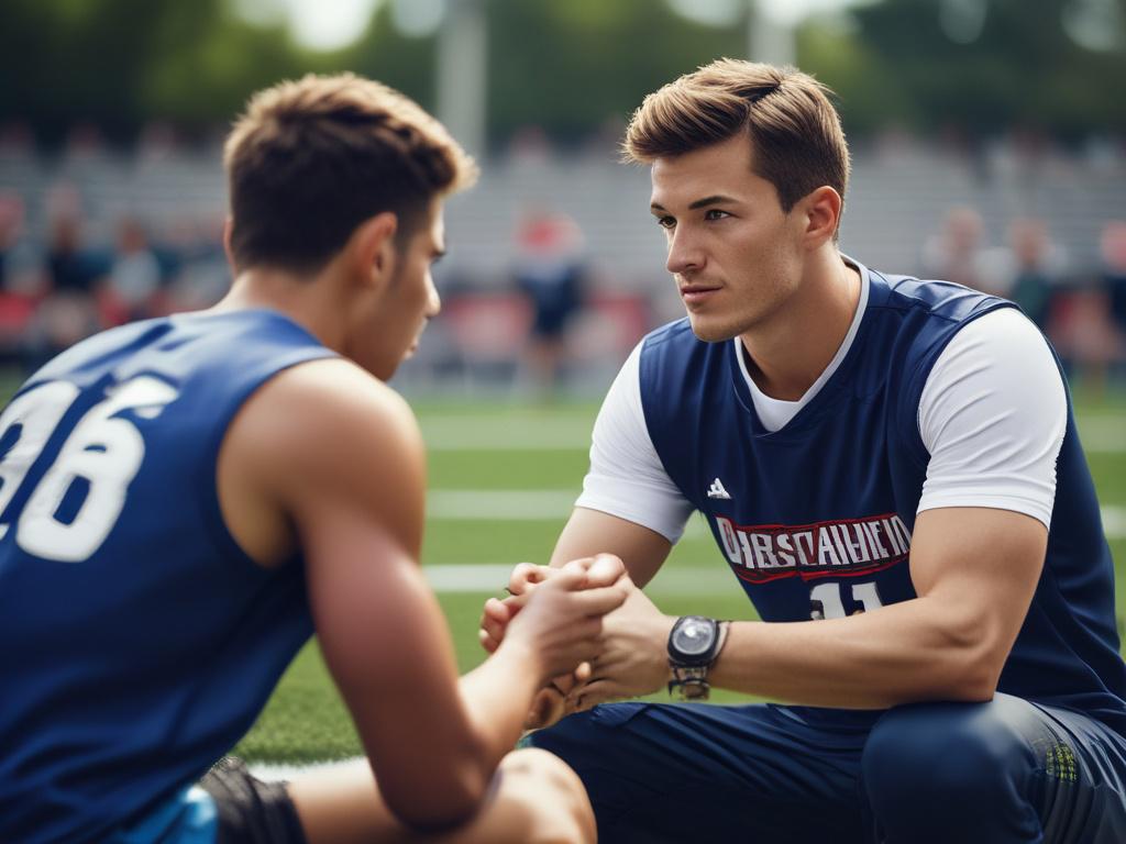 A close-up shot of a sports career consultant discussing plans with a young athlete, captured with a 45mm f/1.2 lens. The background features sports memorabilia and motivational posters, symbolizing ambition and success. The image should convey a sense of partnership and support in athletic career development.