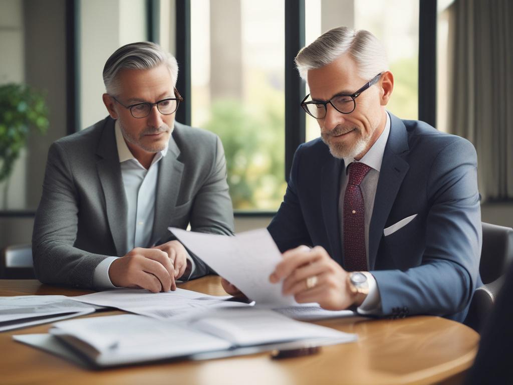 A close-up shot of a confident financial advisor reviewing investment portfolios with a client, captured with a 45mm f/1.2 lens. The background is a modern office space with elegant decor, emphasizing professionalism. The image should reflect a sense of trust and collaboration in financial planning.