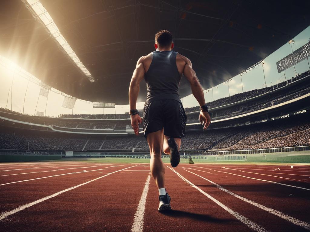 A close-up shot of a focused athlete training on a field, showcasing determination and strength. The background captures the essence of sports, with subtle hints of a stadium and cheering fans, creating an inspiring atmosphere. Shot with a 45mm f/1.2 lens.
