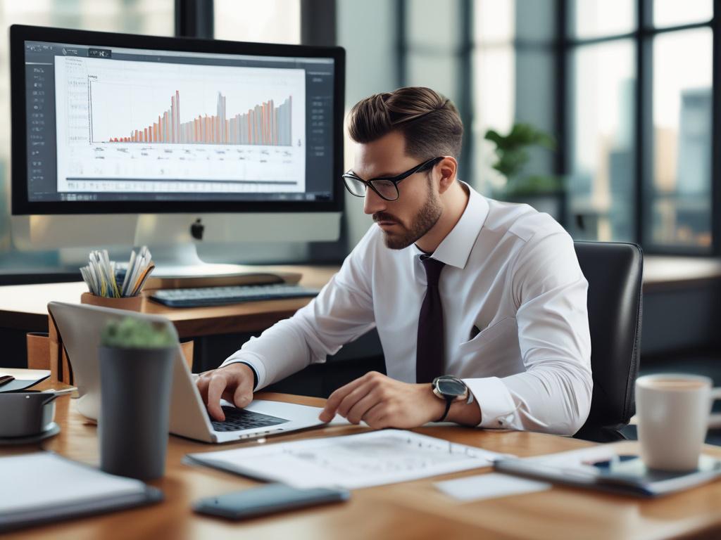 A close-up shot of a confident investor looking at stock market data on a laptop, surrounded by financial documents and a coffee cup. The background is a modern office space, reflecting a professional yet relaxed environment. Shot with a 45mm f/1.2 lens.