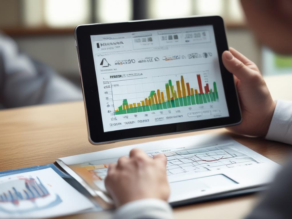 A close-up shot of a professional financial advisor reviewing graphs and charts on a digital tablet, highlighting investment performance. The background is softly blurred, emphasizing the advisor's focused expression, with a warm, inviting office atmosphere. Shot with a 45mm f/1.2 lens.