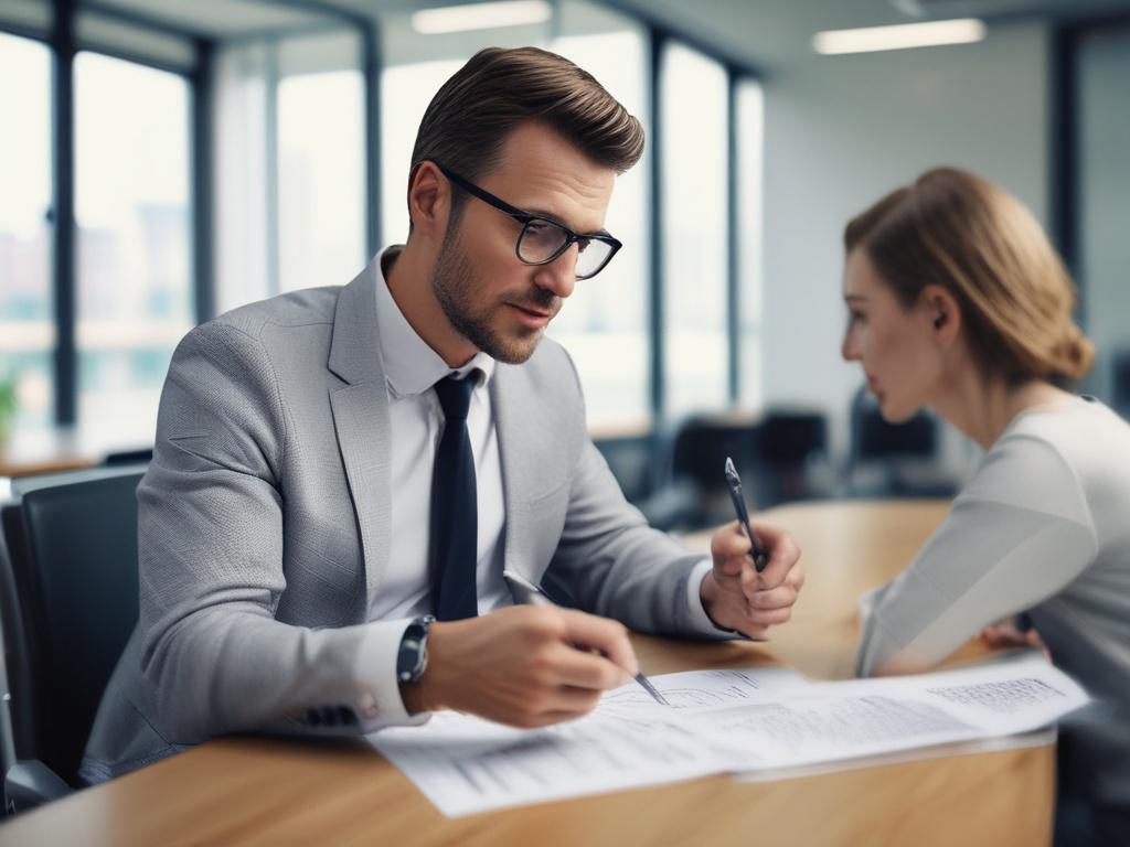 A hyper-realistic close-up image of a sports manager discussing career development plans with an athlete in a bright office. The manager is pointing at a career roadmap on a digital tablet, while the athlete looks engaged and focused. The background is softly blurred, highlighting the interaction, with a color scheme featuring rgb(50, 170, 39). The shot is taken with a 45mm f/1.2 lens.