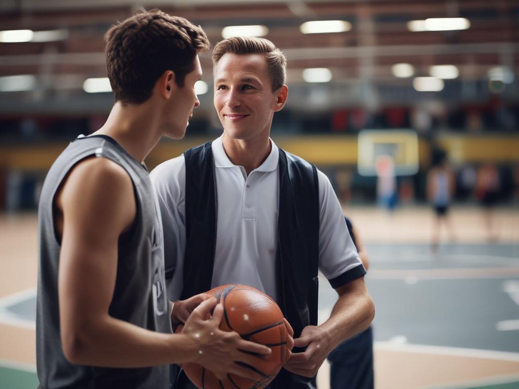 A close-up shot of a sports manager discussing career opportunities with a young athlete on a basketball court, capturing their focused expressions and the dynamic atmosphere of the environment. The background showcases a blurred basketball hoop, shot with a 45mm f/1.2 lens.