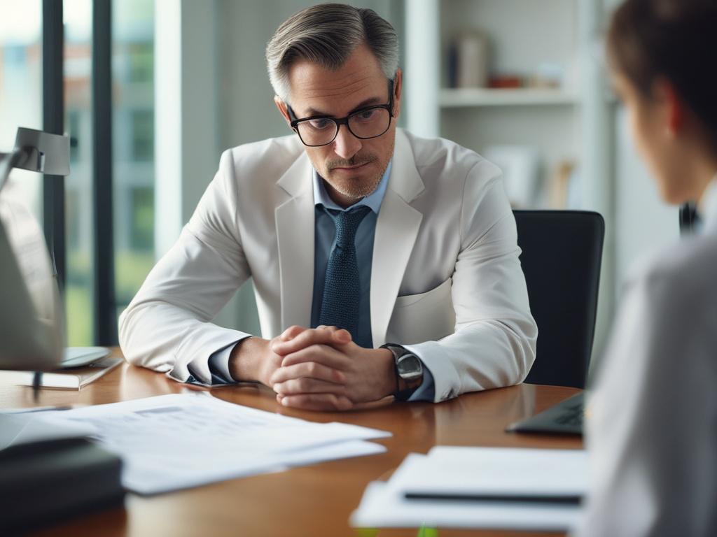 A close-up shot of a professional financial advisor discussing investment strategies with a client in an office setting, featuring a modern desk with financial documents and a laptop. The background is softly blurred to emphasize the interaction, captured with a 45mm f/1.2 lens.