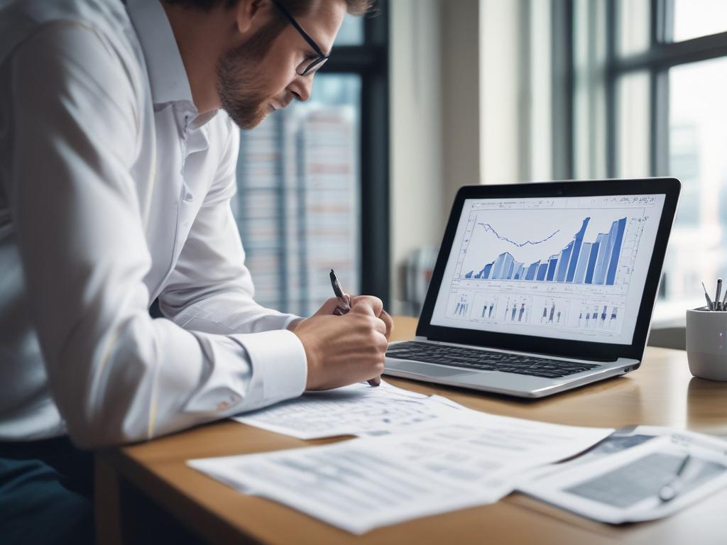 A close-up shot of an investment manager reviewing financial graphs and charts with a client in a bright office, emphasizing the analytical tools and strategies used for investment decisions. The background is softly blurred to enhance the focus on the discussion, captured with a 45mm f/1.2 lens.