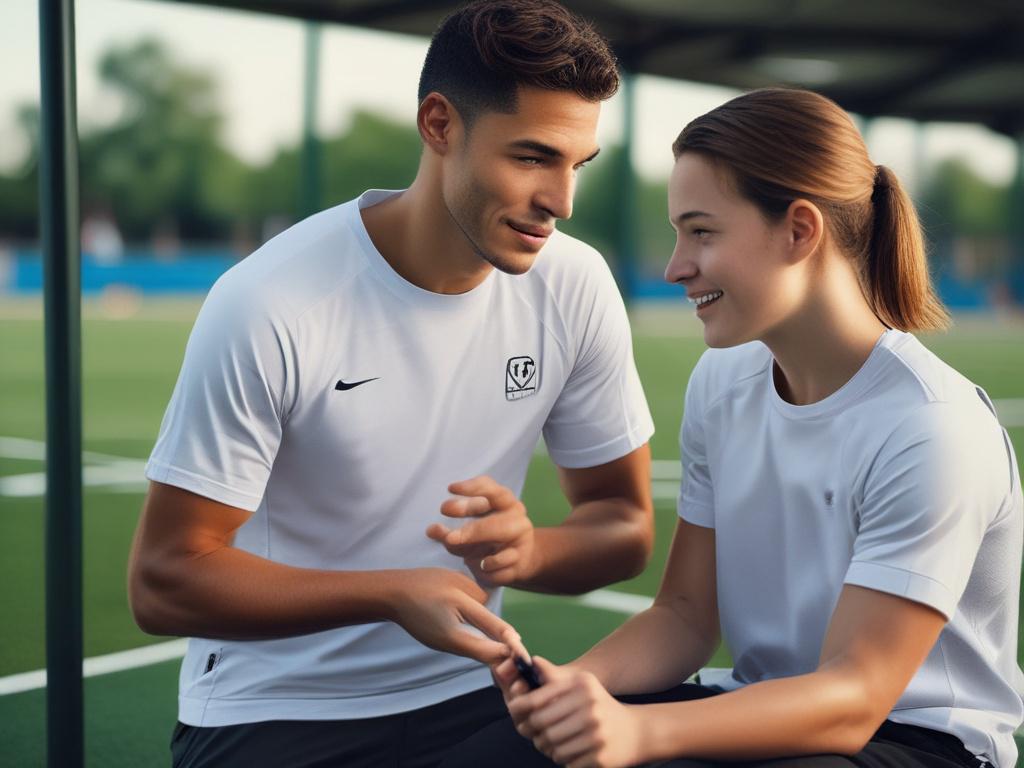 A close-up shot of a sports manager discussing a career plan with a young athlete. The setting should be a sports training facility, with athletic gear in the background, emphasizing motivation and ambition. The manager should appear enthusiastic and supportive, showing a clear roadmap to success.