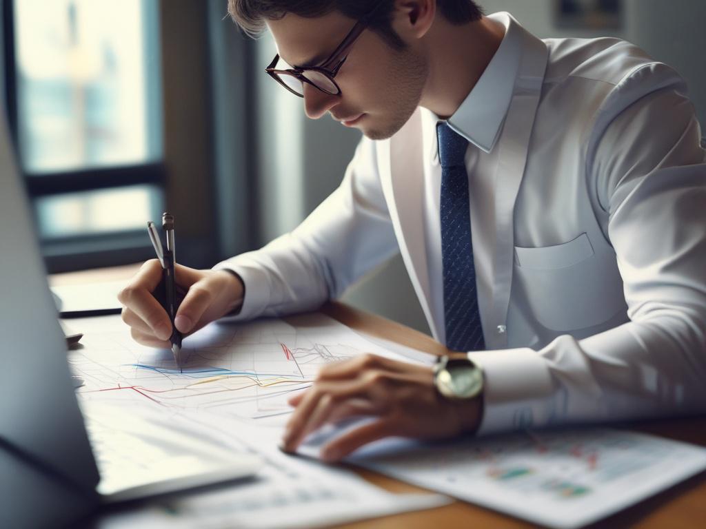 A close-up shot of an investment fund manager analyzing market trends with charts and graphs. The background should be a modern office with financial reports on the table, conveying a sense of diligence and expertise. The manager should appear focused and determined, highlighting the importance of informed decision-making.
