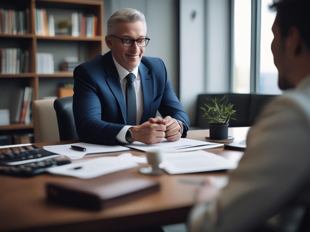 A close-up shot of a professional financial advisor discussing investment strategies with a client. The background should be a sleek, modern office with high-end decor, showcasing a sense of trust and professionalism. The advisor should be attentive, taking notes, with a laptop open on the table, creating an atmosphere of collaboration.