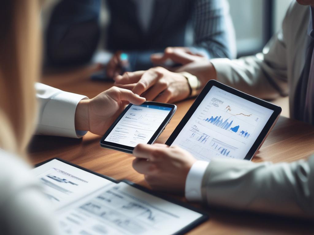 A high-resolution close-up image of a financial advisor discussing investment strategies with a client in a modern office environment. The advisor is holding a tablet displaying graphs and charts. The background is softly blurred to emphasize the advisor and client, with a color palette that includes rgb(50, 170, 39). The shot is taken with a 45mm f/1.2 lens.