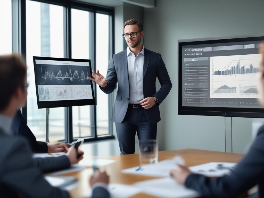 A close-up image of a confident investment manager presenting a portfolio overview to a group of investors in a sleek conference room. The manager is using a digital screen to display financial data and forecasts. The background is softly blurred to maintain focus on the presentation, with a color palette that includes rgb(50, 170, 39). The shot is taken with a 45mm f/1.2 lens.