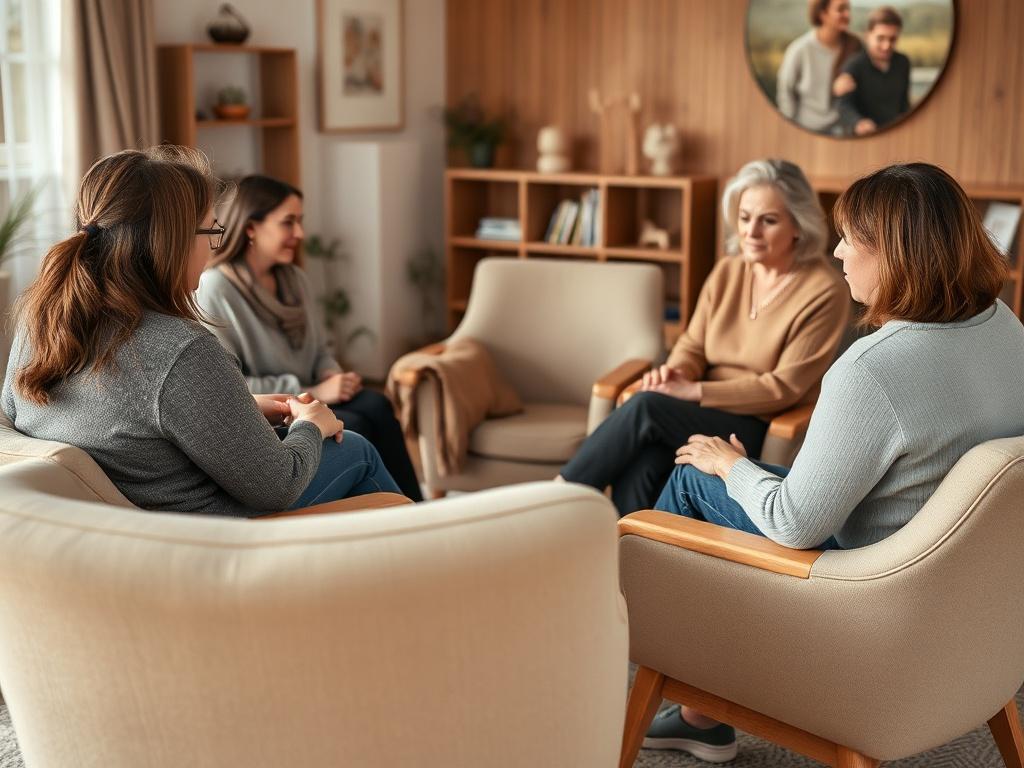 A warm family therapy setting featuring a circle of chairs in a cozy room. A close-up shot capturing the interactions of family members discussing their feelings, with a therapist gently guiding the conversation. Soft, natural lighting enhances the emotional atmosphere, conveying trust and openness.