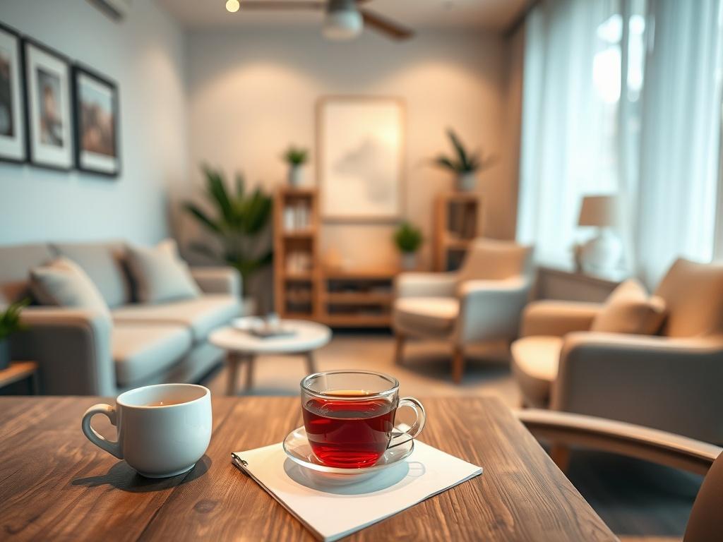 A serene and inviting consultation room with comfortable seating, soft lighting, and calming decor. A close-up shot of a psychiatrist's desk with a notepad, a cup of tea, and a welcoming chair in the foreground. The ambiance should feel warm and professional, symbolizing trust and comfort for patients seeking psychiatric support.