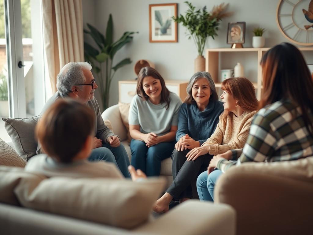 A close-up shot of a family therapy session in progress, with family members sitting in a circle, engaged in conversation. The setting should be cozy and inviting, with soft lighting, comfortable seating, and decorative elements that create a supportive environment.