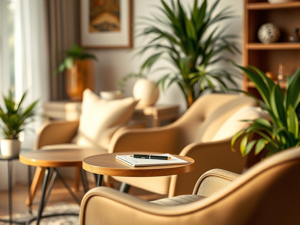 A close-up shot of a warm and inviting consultation room, featuring a comfortable chair and a small table with a notepad and pen. The background should be softly lit, with a calming atmosphere, showcasing elements like plants or artwork that evoke peace and comfort.