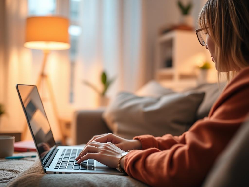 A close-up shot of a person participating in an online therapy session via a laptop. The scene should depict a comfortable home environment, with warm lighting and personal touches, showcasing the ease and accessibility of virtual mental health support.