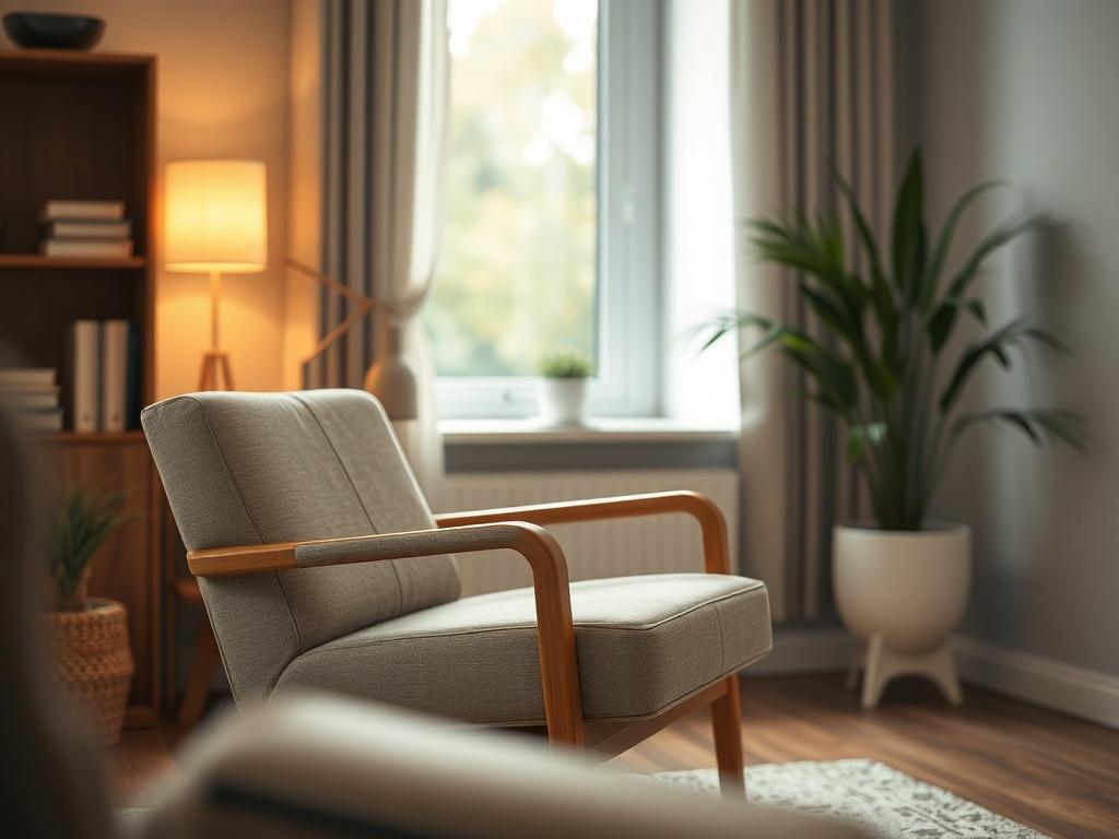 A close-up shot of a serene consultation room, featuring a comfortable chair and a calming decor. Soft, warm lighting enhances the welcoming atmosphere. The focus is on the chair, suggesting a safe space for discussion. The background should be minimalistic, emphasizing tranquility, with hints of nature visible through a nearby window.
