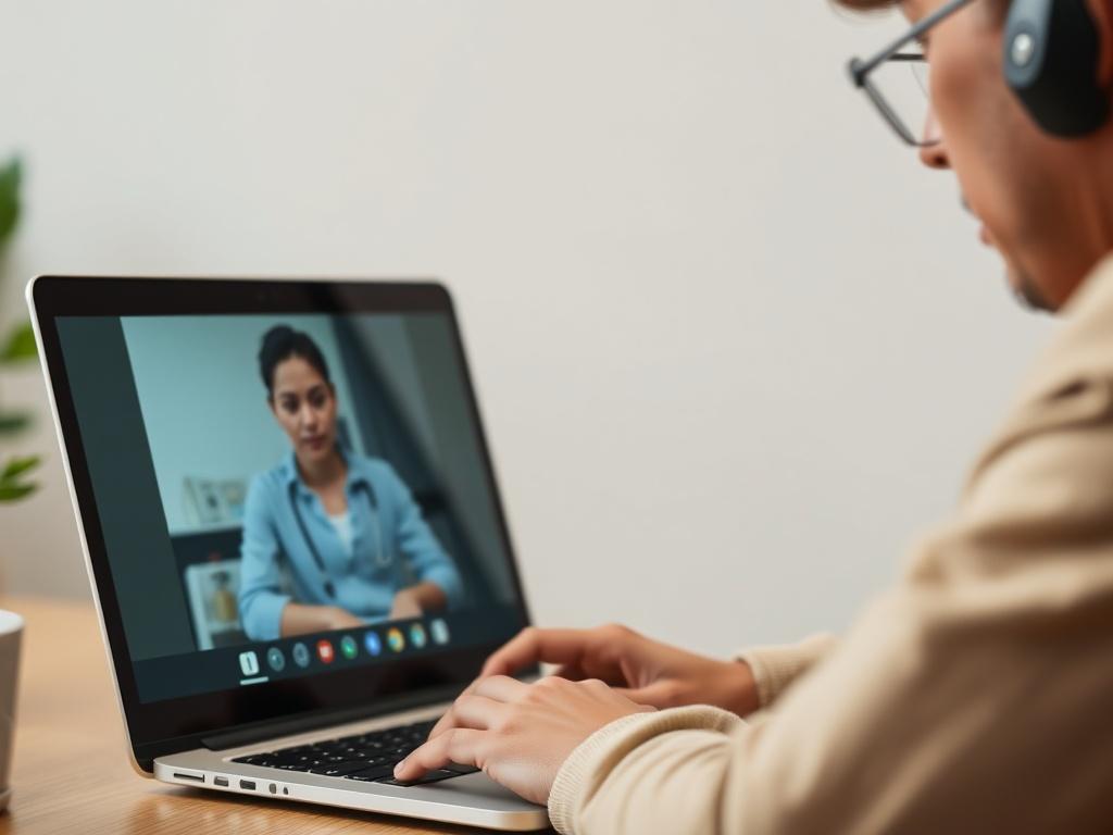 A close-up shot of a person engaging in a video consultation, showing a laptop with a calming background. The individual appears focused and attentive, conveying a sense of connection. Soft lighting creates a warm environment, suggesting comfort during the online session. The background remains simple, emphasizing the person's engagement in the consultation.
