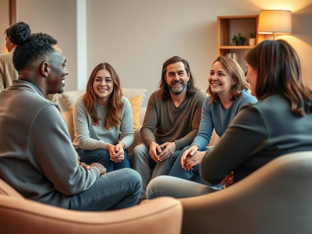 A close-up shot of a small group seated in a circle, engaged in a discussion. They display a range of emotions, indicating support and connection. Soft, inviting colors in the room enhance the atmosphere of safety. The background features comfortable seating and warm lighting, creating an inviting space for open conversation.