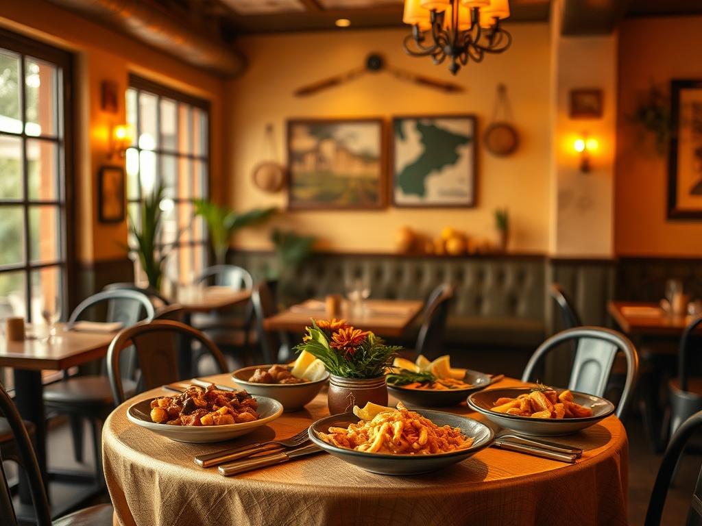 A cozy restaurant interior with warm golden hues and soft