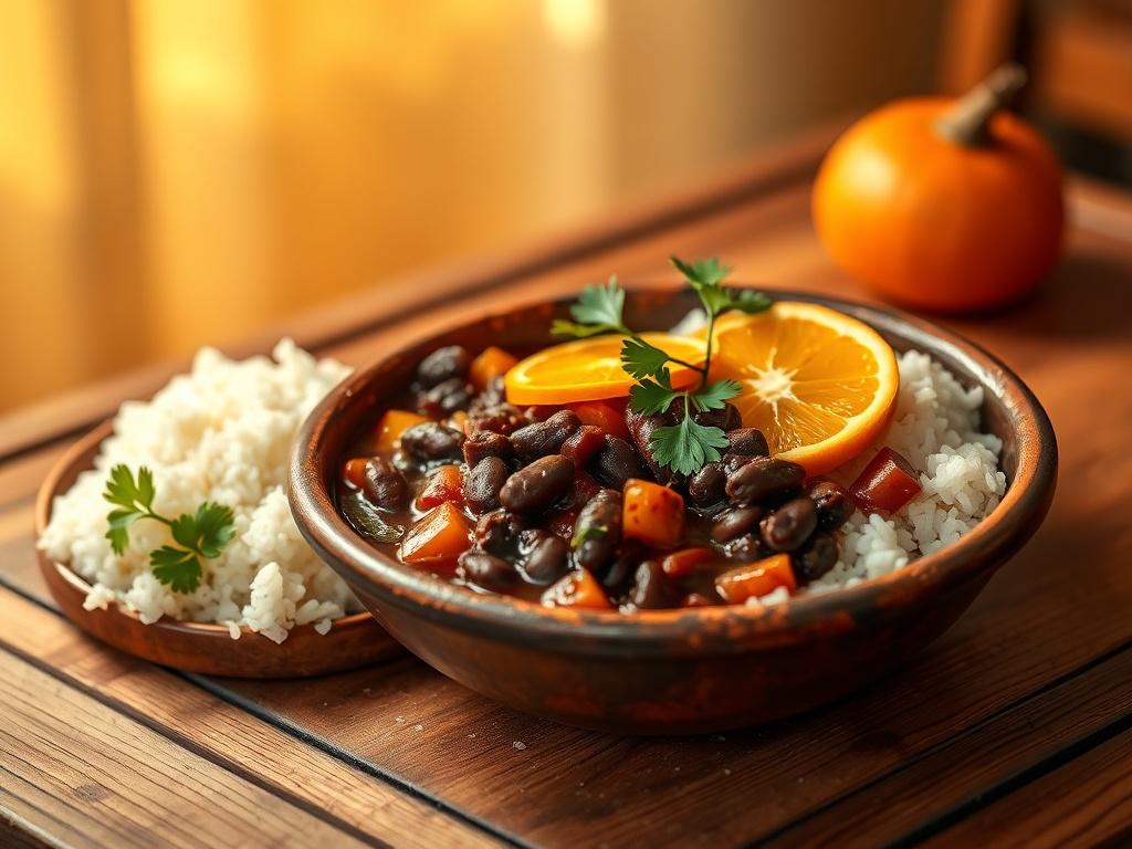 A beautifully plated feijoada, the traditional Brazilian black bean stew,