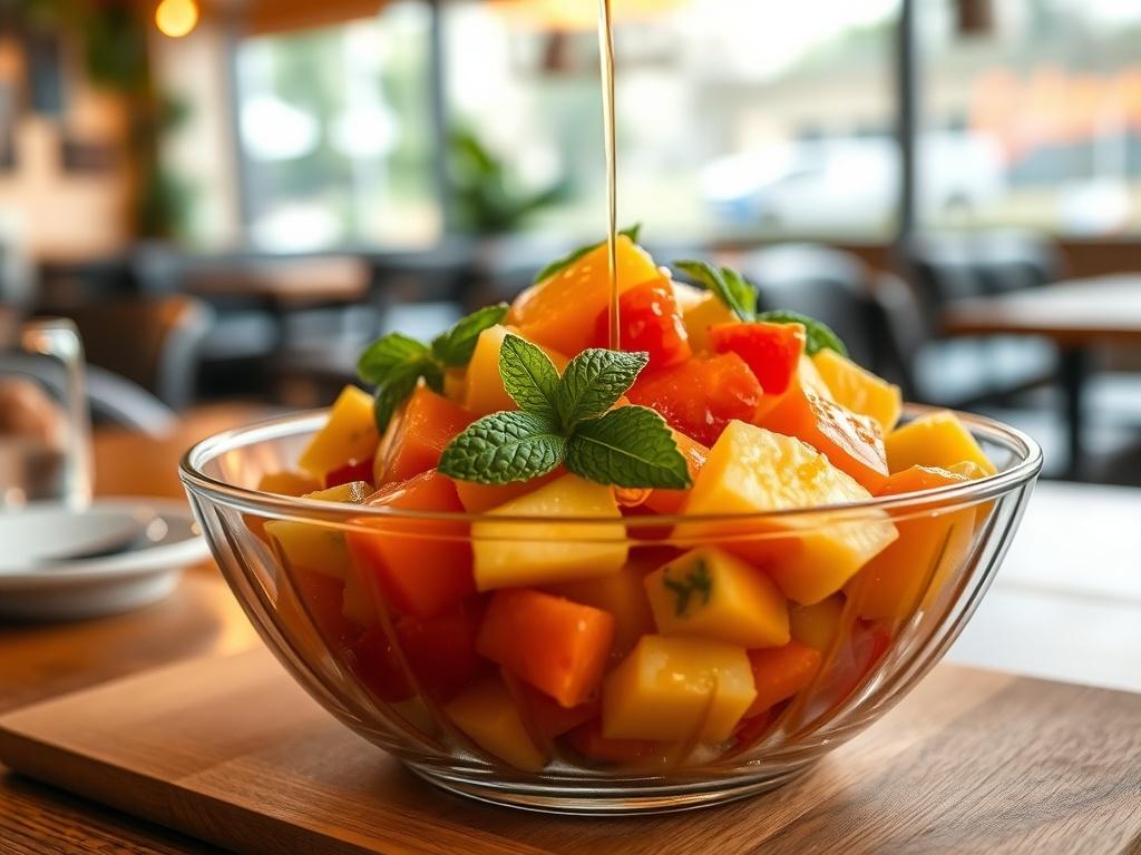 A fresh tropical salad featuring a variety of colorful fruits