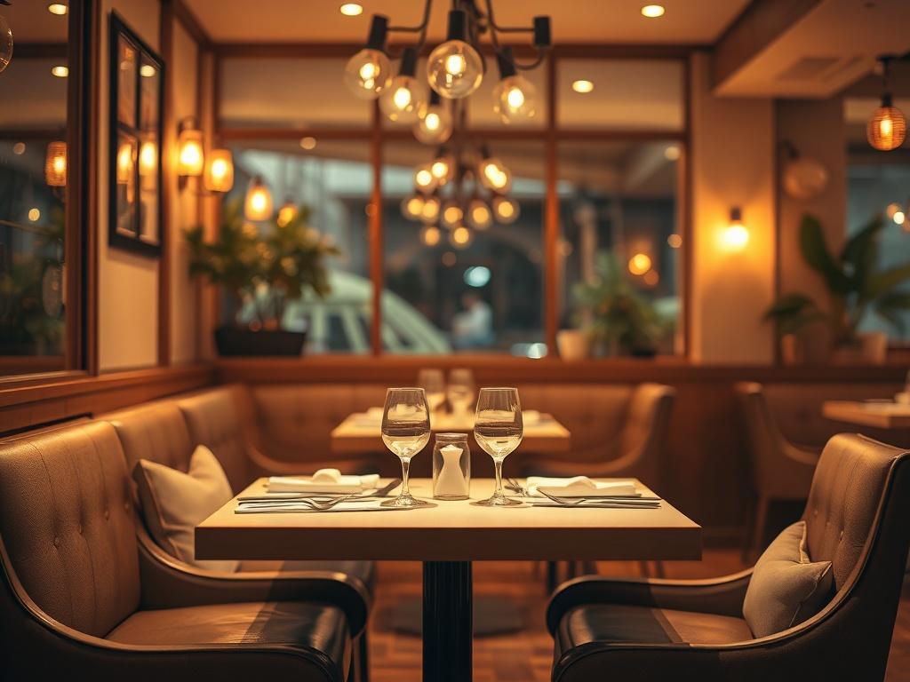 A serene restaurant scene with a welcoming ambiance, featuring a