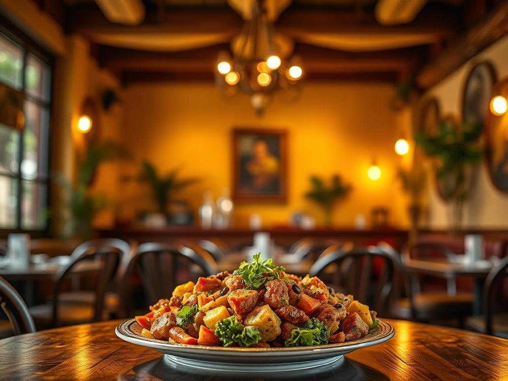 A cozy, inviting restaurant interior showcasing a beautifully arranged Brazilian