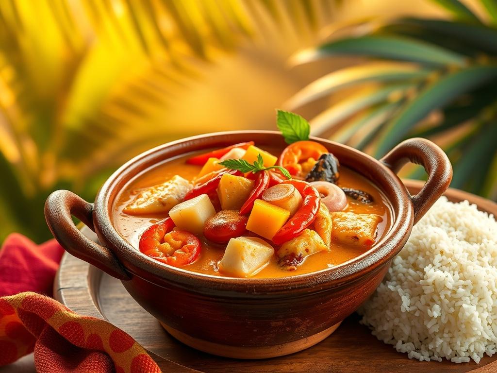 A vibrant Brazilian moqueca featuring fish and seafood in a