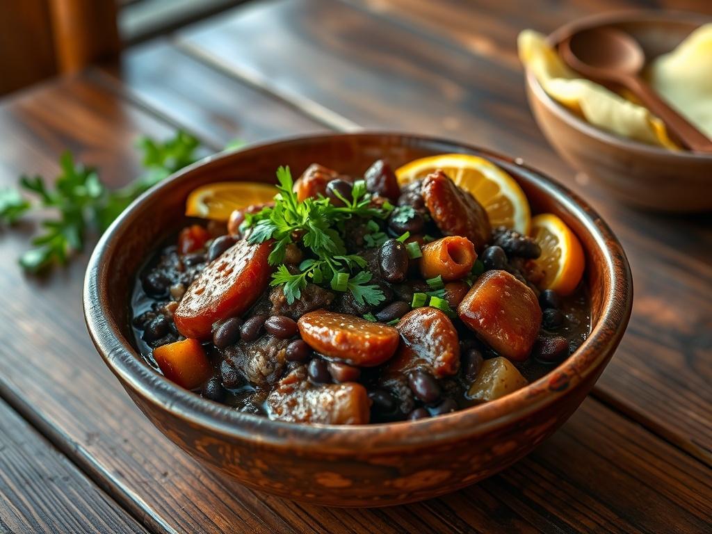 A traditional Brazilian feijoada served in a rustic bowl, showcasing
