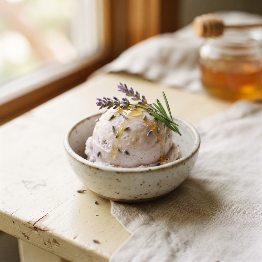 Honey lavender ice cream with lavender sprigs