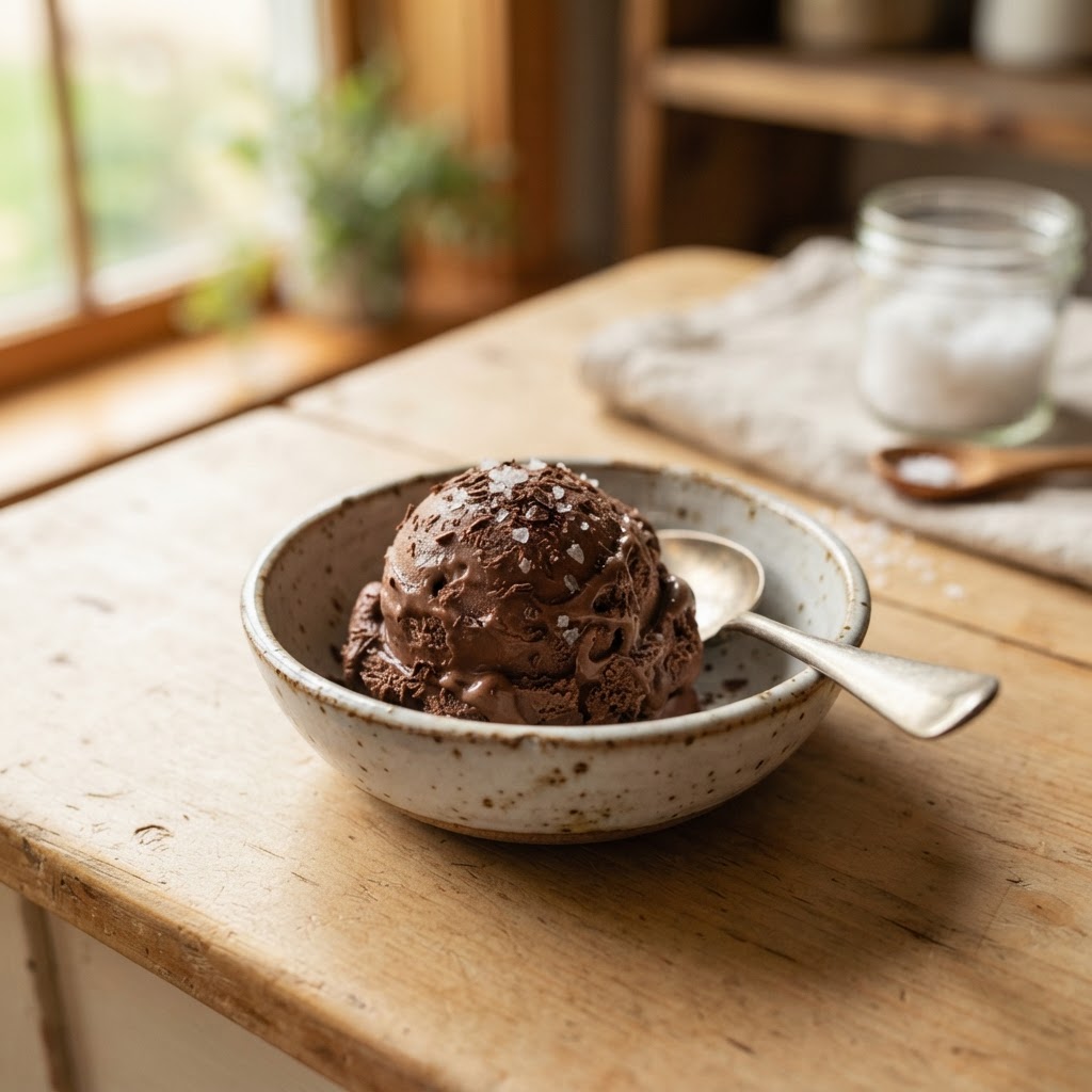 Dark chocolate sea salt ice cream with chocolate flakes