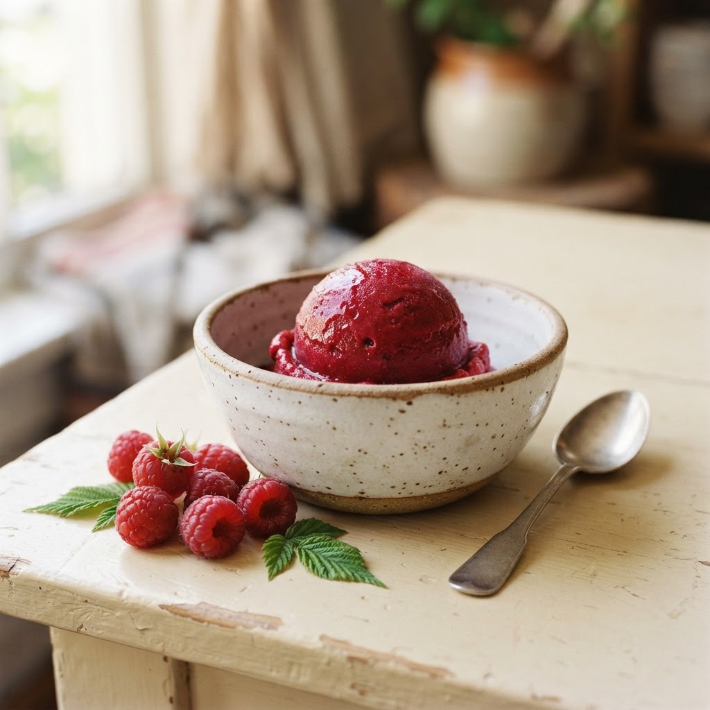 Raspberry sorbet with fresh raspberries