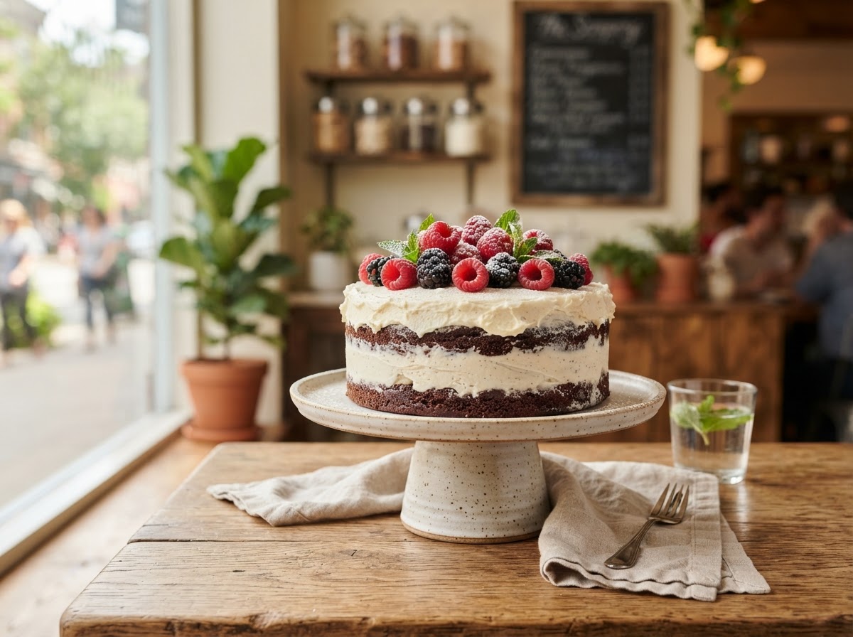 A raspberry-topped ice cream cake on a cake stand