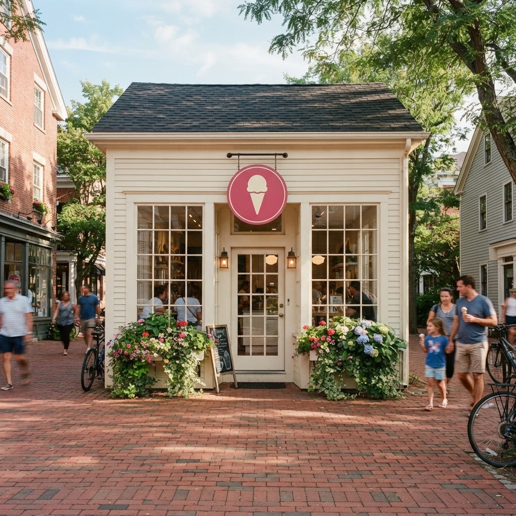 A bright ice cream shop storefront on a sunny red-brick street