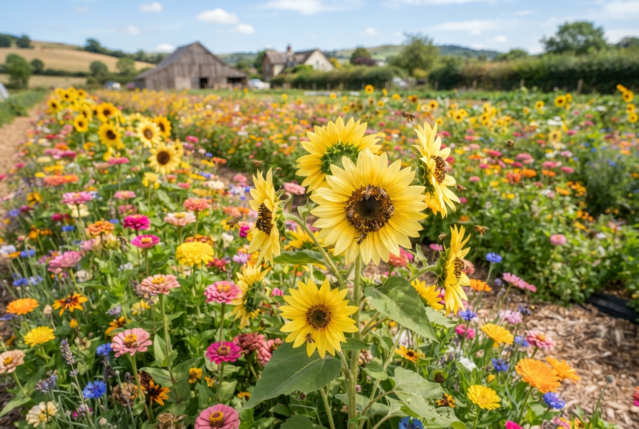 Flower fields with sunflowers