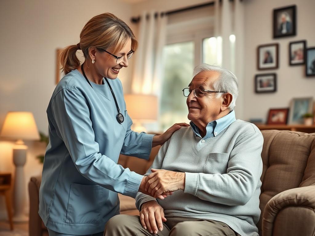 A warm and inviting scene featuring a compassionate caregiver gently