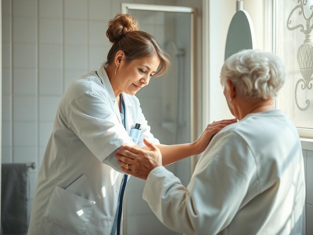 A caregiver assisting an elderly person in the bathroom, providing