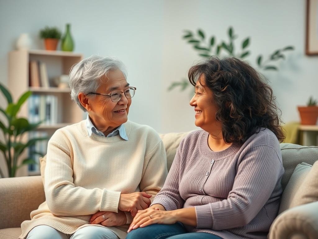 A caregiver sitting with an elderly person in a cozy