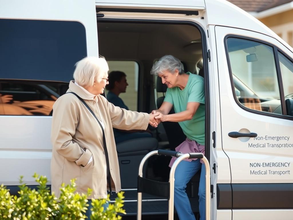 A compassionate driver assisting a senior passenger into a comfortable vehicle. The scene captures the moment as the caregiver offers a steady hand to the elderly woman, who is using a walker. The setting is a bright day outside a home, emphasizing safety and care, with the vehicle clearly marked for non-emergency medical transportation.