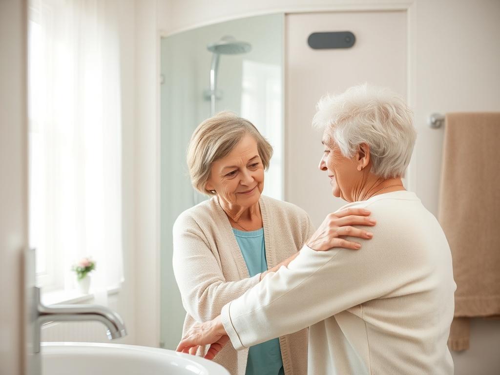 A caring caregiver is assisting an elderly woman in her bathroom, helping her with personal hygiene. The scene is bright and clean, emphasizing a nurturing environment. The caregiver, a young woman, is gently assisting the elderly lady, who appears comfortable and at ease. Soft colors and natural light enhance the warmth of the moment.