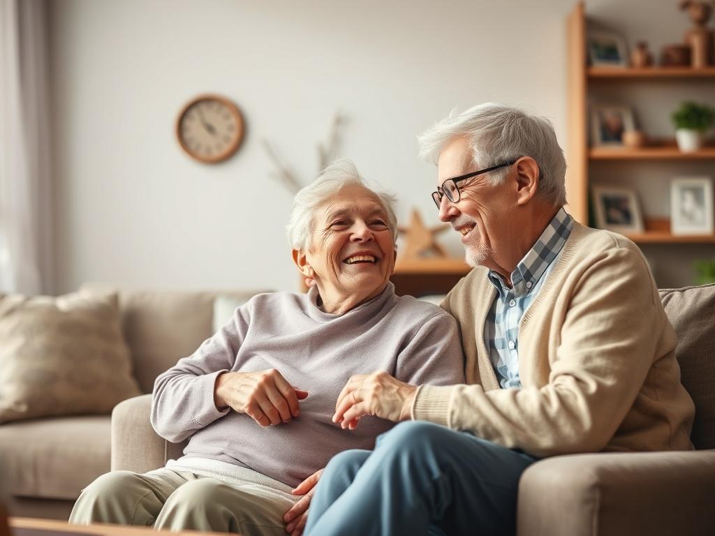 A warm and inviting scene of a caregiver and a senior sharing a joyful moment in a cozy living room. The caregiver, a middle-aged woman, is sitting beside the elderly man, smiling and engaging in conversation. Soft lighting adds a gentle touch to the atmosphere, while comfortable furniture and family photos in the background create a homely feel.