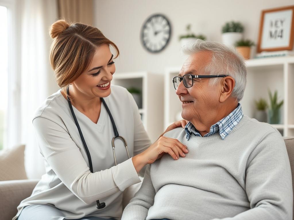 A warm and inviting scene of a caregiver gently assisting a senior in a cozy living room. The caregiver, a middle-aged woman, is smiling and offering support, while the senior, an elderly man, appears comfortable and at ease. Soft lighting illuminates the room, highlighting the peaceful atmosphere with gentle tones. The background features a well-organized space with homey decorations, creating a sense of safety and care.
